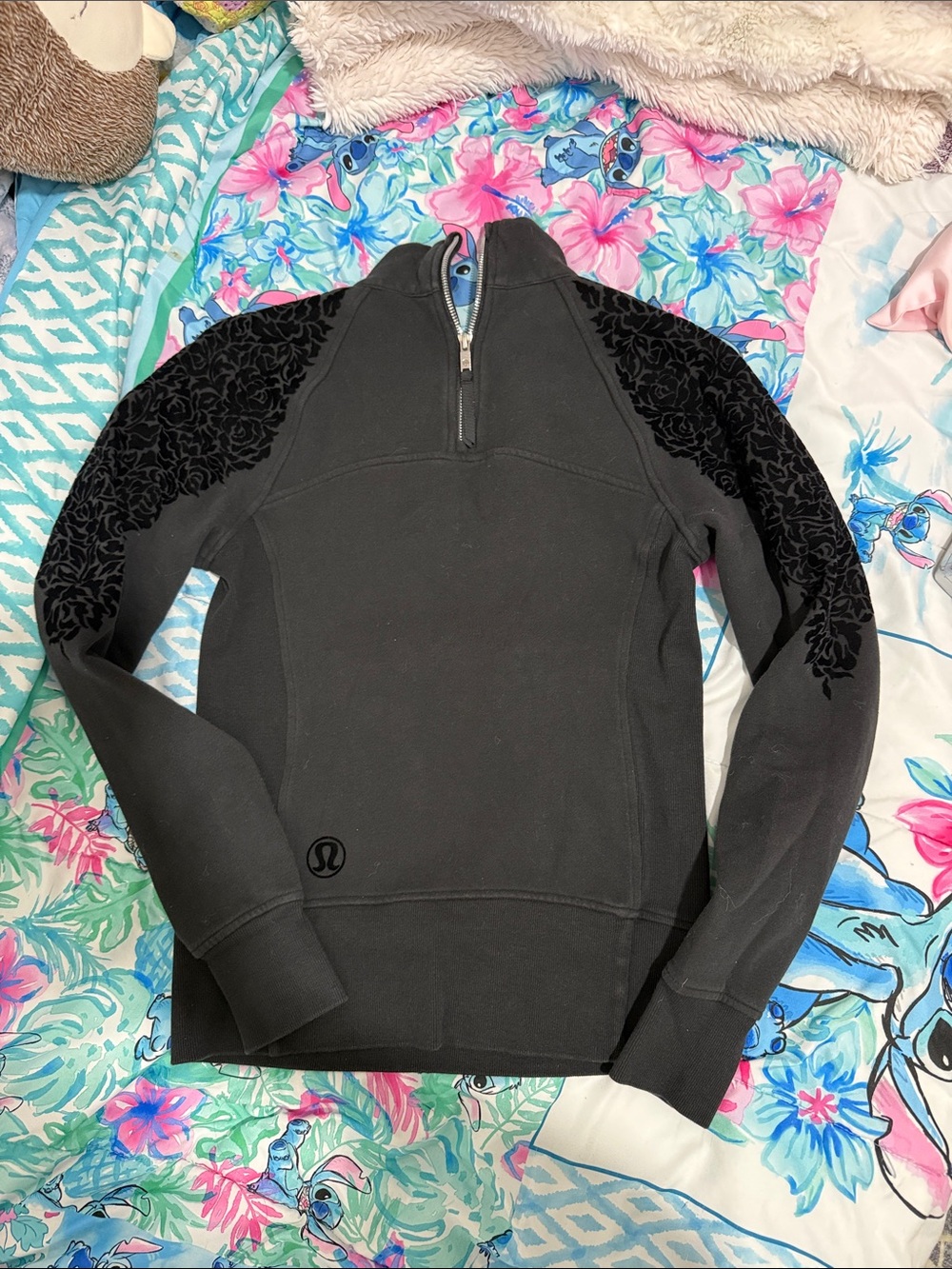 lululemon athletica Black Half-Zip Pullover with Floral Burnout Shoulders size S